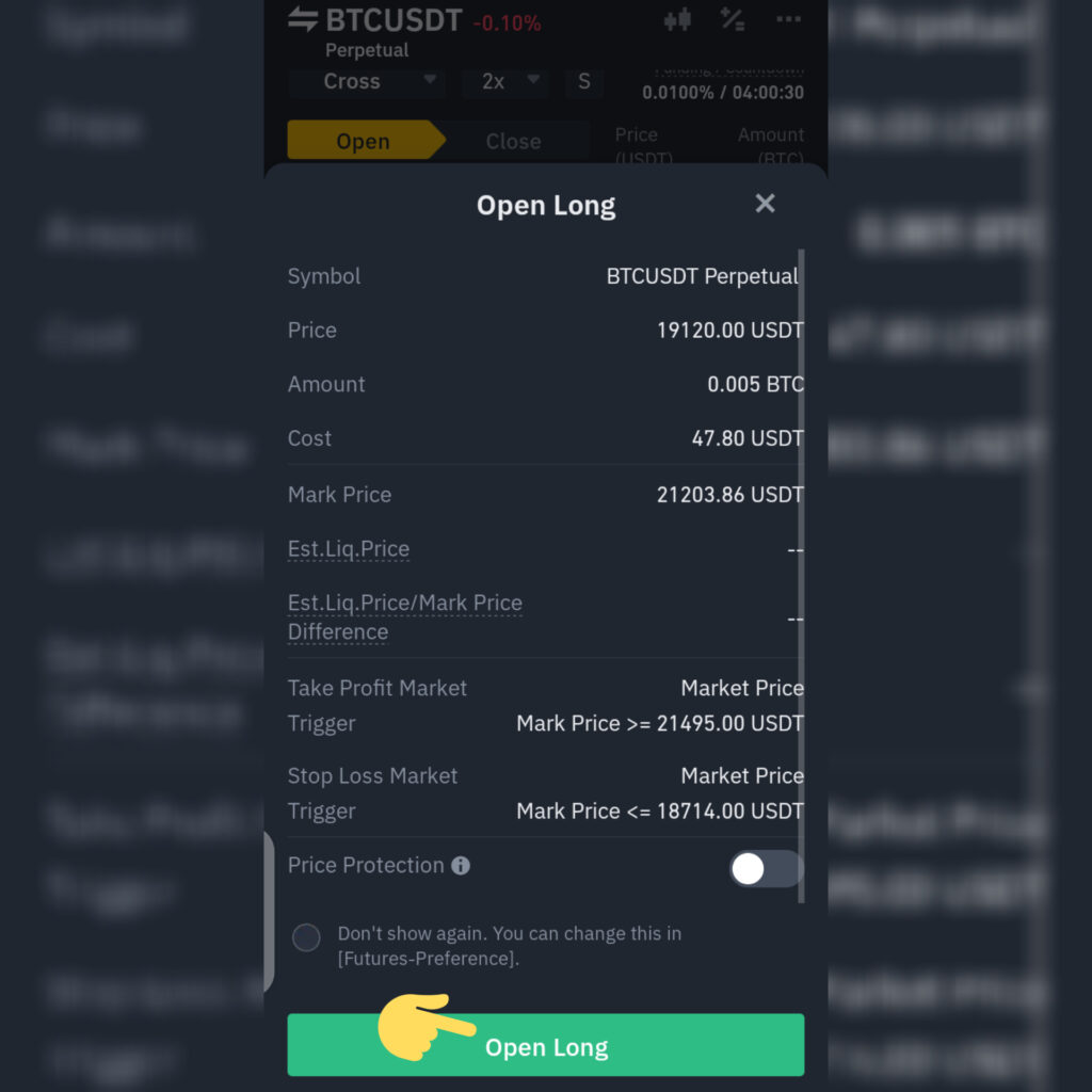 Binance Futures LONG Order Confirmation page